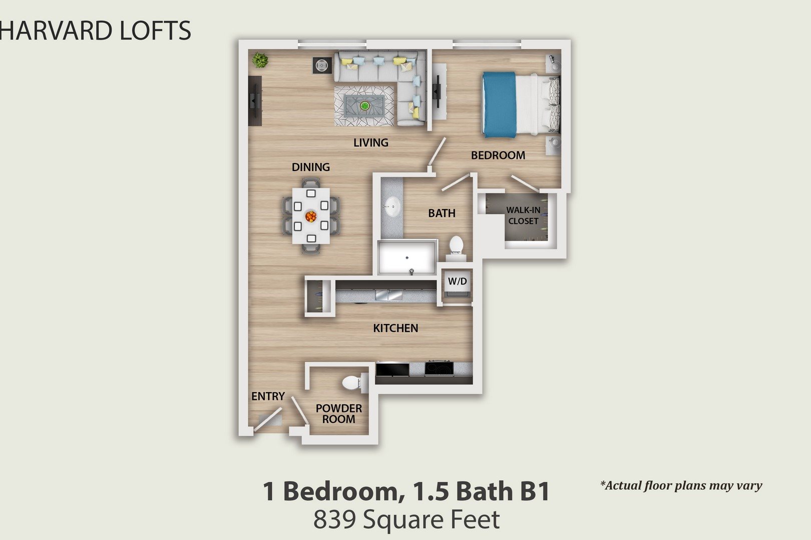 1 Bedroom, 1.5 Bathroom B Floor Plan 2